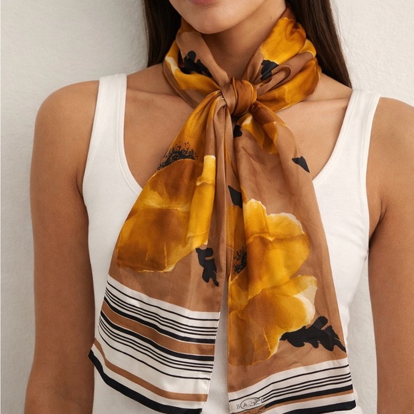Oscar de la Renta Accessories - Oscar de la Renta Vintage Silk Satin Floral Scarf Yellow and Brown Designer Wrap